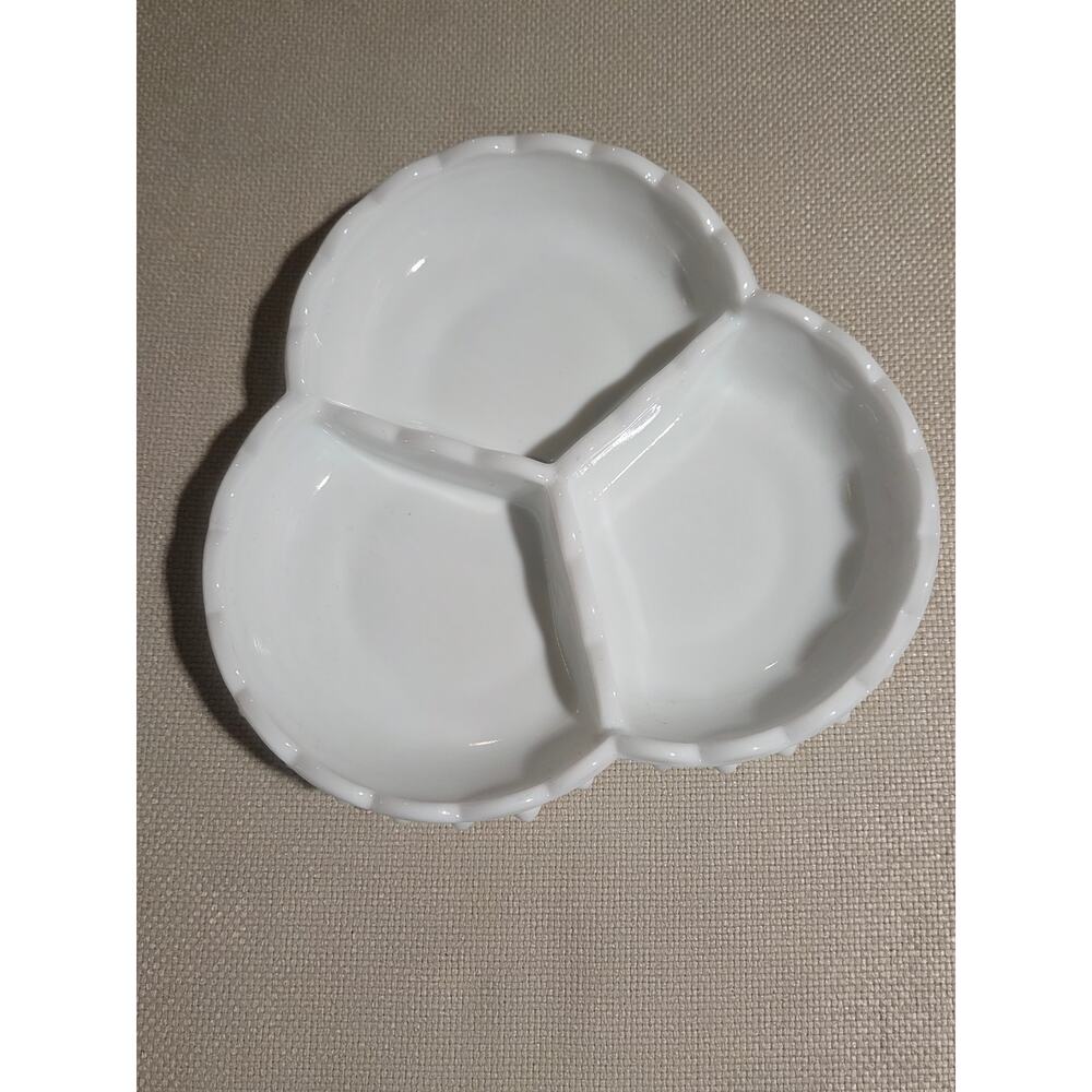 Vintage Fenton White Milk Glass Hobnail 3-Part Relish Dish Scalloped Edge